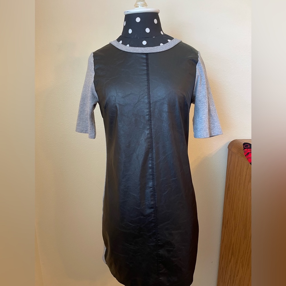 Black faux leather & grey cotton T-shirt Dress